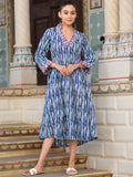 NEERJA-  Women Navy Blue Printed Cotton V-Neck Dress with Side Pockets