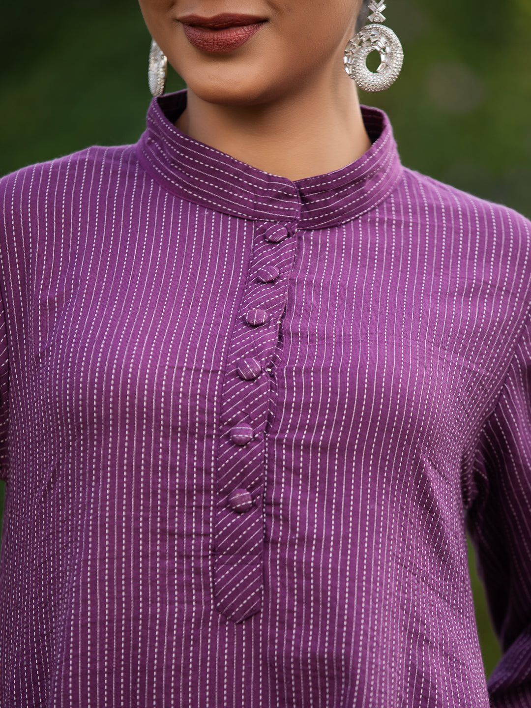 ASHOKA-Women Wine Purple Solid Cotton Longline Dress with Mandarin Collar & Side Pockets