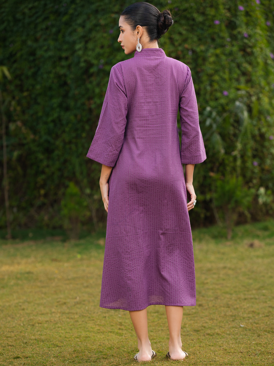 ASHOKA-Women Wine Purple Solid Cotton Longline Dress with Mandarin Collar & Side Pockets