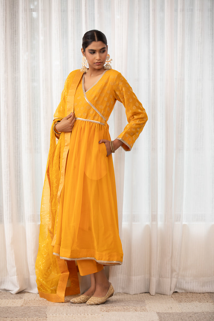 Ghoomar- Yellow Angrakha Anarkali Kurta Set with Dupatta
