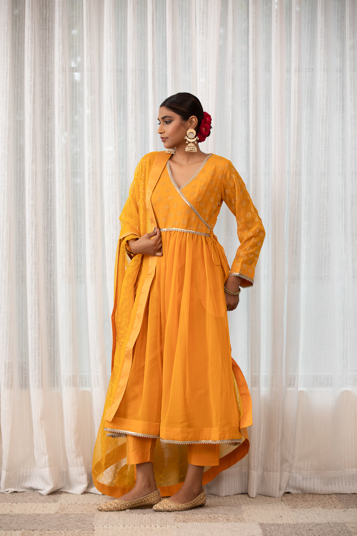 Ghoomar- Yellow Angrakha Anarkali Kurta Set with Dupatta Yellow