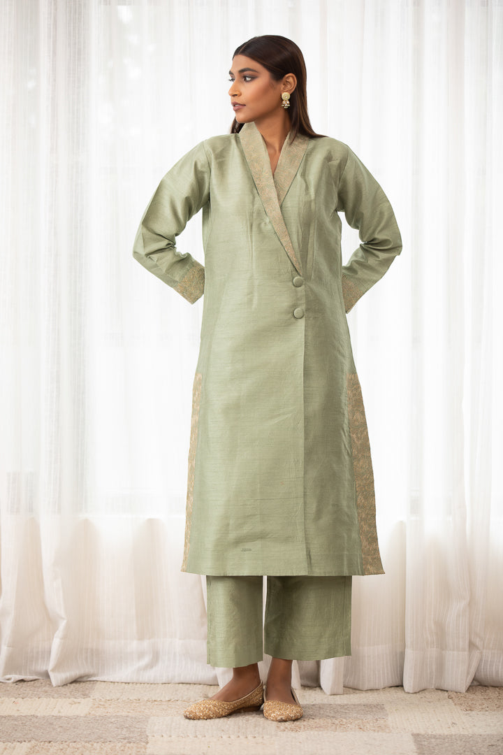 Leher- Angrakha Kurta Set with Lapel Collar Mint